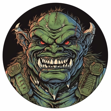 A circular tondo depicting a Dungeons & Dragons character orc orcish badass boss warrior bandit, Mike Allred Josh Kirby Mad Max Lord of the Rings, handpainted punk zine indie retrowave, clipart illustration, circle solid background
