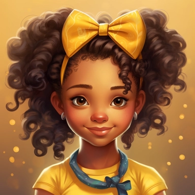 illustration concept of cartoon african girl with a bow clip art, in the style of lilia alvarado, yellow and gold, poodlepunk, walt disney, realistic portrait drawings, charming anime characters, 32k uhd