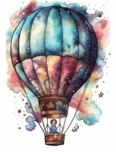 fantasy watercolor clipart with white background, hotair balloon detailed with a splendid meta galaxy, incorporate an artistic theme and attention to stitching and gradients, flat design, clearly defined separated image, high quality