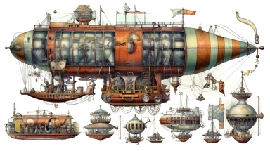 steampunk airship, clipart, white background, watercolor, hyperrealism, high detail, separate elements, set