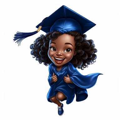 A happy little black girl graduate in royal blue graduation attire, cap and gown, disney clip art