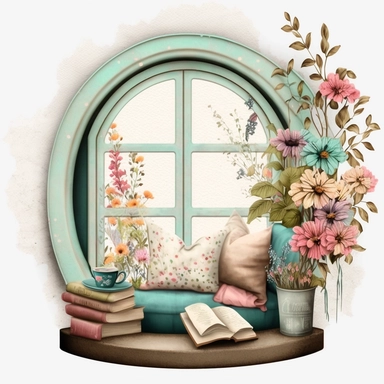 Bookworm cozy reading corner, flowers, window, pastel color, clipart