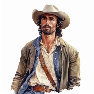 beautiful stunning handsome vintage cowboy man, tarot style, paint art style, clipart, white background, superrealistic, one of a kind
