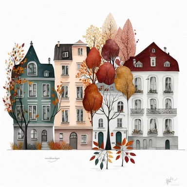 Very very cute and Whimsical houses in a row on the street of Vienna, Austria, beautiful, colorful, in autumn colors, Watercolored illustration in the style of Michael Powell, clipart, 3D, white background - Q2