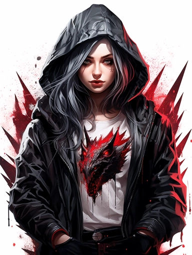 clothing brand logo, Gothic, dragon, Templar, cyberpunk, hooded girl, crow on shoulder, high contrast, white background clipart, clipart png, realistic, digital painting, WHITE BACKGROUND, fantasy style, realistic, painting, watercolor, 8k, ultra details,