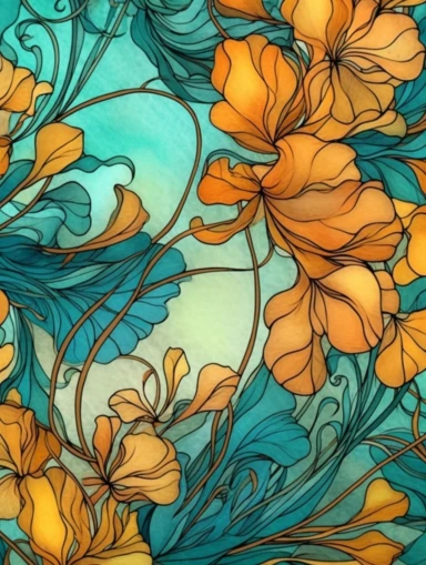 fascia of amberwood, clipart, soft, flowing lines, elegant, Art nouveau, teal and amber color scheme, Alcohol ink watercolor, no background