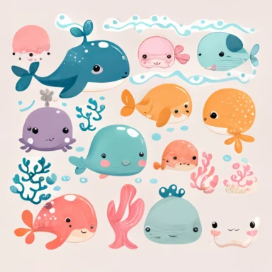 kawaii marine animals clipart on white background, vector, make them cute and cuddly
