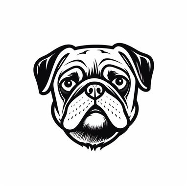 Simple outline of a front - facing crooked head happy Pug dog head peeking with front paws, cute clipart, flat 2d vector, minimalist, black and white, kids cartoon, svg cut file, line art drawing, white isolated background