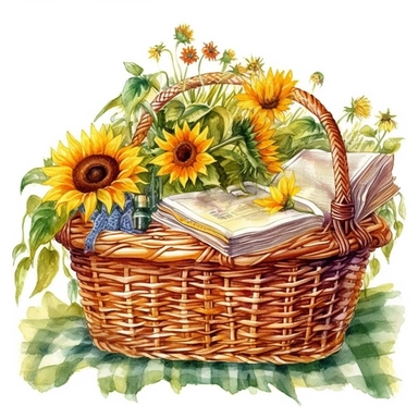 Clipart Watercolor, countryside scenery with wild vegetation around, a beautiful colorful sunflowers, they are inside a wicker basket decorated with silk ribbons, the basket on a picnic-style tablecloth, books, detailed realistic, white background