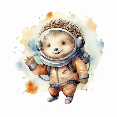 a delightful watercolor clipart image with a white background, portraying a playful hedgehog astronaut holding a moon, floating amidst a cluster of stars, with a curious and excited expression on its face.