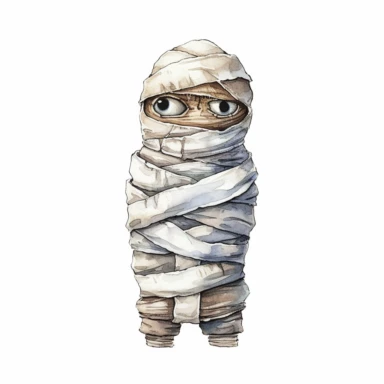 Mummy halloween watercolor,simple Watercolor, hyper realistic, white background, white margins, 16k, ultra detailed clipart, cut out image, hand - drawn, whimsical manhwa style, ultra HD, sharp and clean art