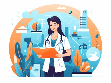 a nurse is holding a clipboard and a clip, surrounded by different medical icons, in the style of minimalist nature studies, #screenshotsaturday, animated illustrations, clear edge definition, petcore, youthful protagonists, ferrania p30