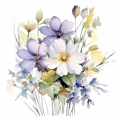 watercolor botanical flower arrangement with spring wild flowers, in the style of Francis Marte, watercolor art with delicate ink outline, soft atmospheric scenes, soft and dreamy atmosphere, poetic and atmospheric style, decorative paintings,white background, clipart
