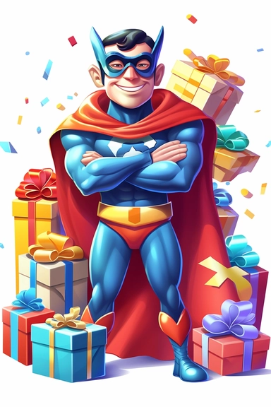 Create a clipart image of a superhero character receiving birthday presents. Depict the superhero character surrounded by beautifully wrapped gifts of different sizes and shapes. Include a joyful expression and a white background.