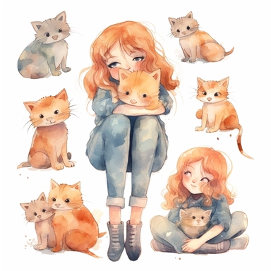 multiple poses characters of a girl hug her cat , watercolor in cartoon grunge style clipart on white background