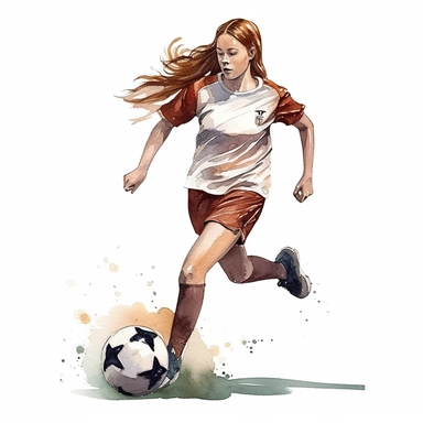 Watercolour of a teenage girl playing football , Clipart,Cartoon,hyper realistic, intricate detail isolated on a white background, high quality, sublimation, detailed, cartoon style