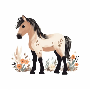 a baby horse clipart with illustration, full body shot ,8k, style of Bohemian, style of Anna Süßbauer and Jon Klassen,vector, Vector, white background,Solid Background, Sharpness and clarity, masterpiece, trending on Artstation and Dribbble.