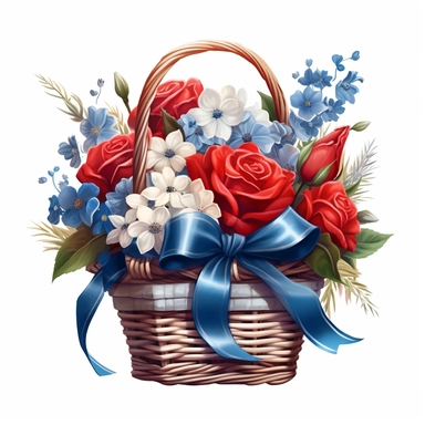 Red and blue and white flower basket clipart, red and blue ribbons, high detailed, realistic detail, illustration style, high solution, isolated on the white background