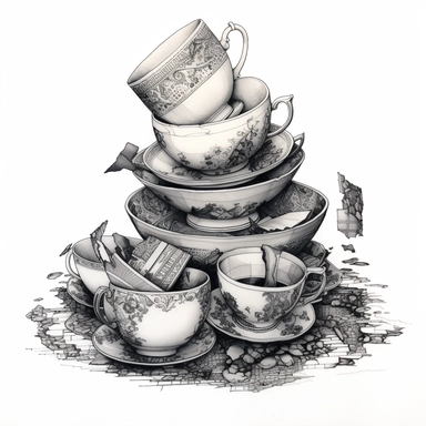 An intricate ink drawing of broken teacups and saucers, black and white, white background, clipart