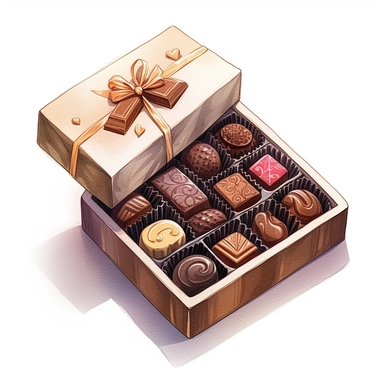 one chocolate box clipart on a white background, in the style of watercolor illustrations, tilt-shift lenses, detailed sketching, vibrant color choices, elaborate borders, isometric, assemblage pieces, no watermark, text, 300 DPI , typography, shapes do not stick together, no text in the picture, on a white background
