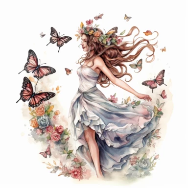 watercolor, hyper realistic, white background, white margins, 16k, ultra detailed clipart, cut out image, hand-drawn, whimsical a lady with a flower crown, twirling in a meadow as butterflies flutter around her in a whimsical dance