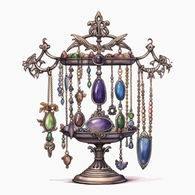 Victorian Jewelry Stand: Create a clipart featuring a Victorian-inspired jewelry stand with hooks or branches for hanging necklaces, bracelets, and earrings, watercolor Clipart, watercolor Sublimation graphics, hand drawn illustration by james christensen style, Watercolor clipart, single design, single object, print on demand image, PNG transparent background, white background for removing background - - no text shadow font watermark, 8k
