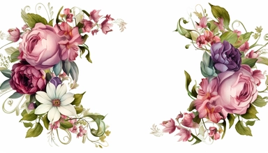 An elegant floral frame composed of lush foliage and vibrant flowers forms a beautiful border, creating a stunning wedding floral clipart. The intricate arrangement captures the essence of natural beauty, adding a touch of romance and elegance to any design or project.