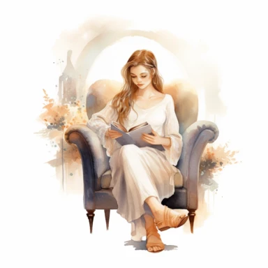a white and beige dressed girl with a book on her lap reading a fantasy story watercolor clipart