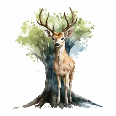 an adorable Deer behind a tree in the style of watercolour clipart with detailed brush strokes