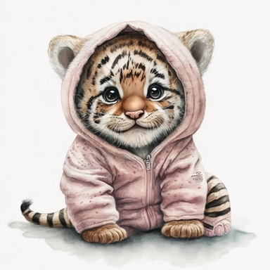 watercolor and pencil sketch of smiling cute baby tiger with big eyes wearing a baby pajamas with hood, sitting, pastel pink, hyper detailed, white background, 4k, hd, Clipart
