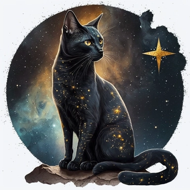 a sitting skinny pagan black cat in front of big starry sky portret, clipart, moon, watercolors, white background, stars, planets, galaxy, magical, ornaments, little golden stars, full body, pictorial space, sparky, golden glitter, oraneg eyes, use Cool Color Palette
