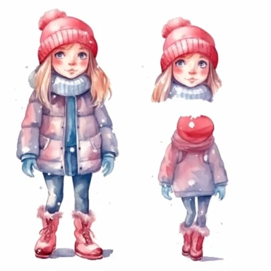 Set of watercolor cute little girl in winter clothes illustration for kids book, white backgroun, clipart, clean and crisp