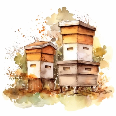 a watercolor clipart, vector of beehives in the style of vintage imagery, decorative paintings, subtle shading, nature core, muted colors, craftcore, on a white background, uhd image