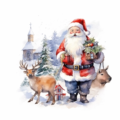 Snowman, santa claus, deer, christmas gnomes, sleigh, gifts, christmas decorations, christmas tree watercolor christmas clipart white background