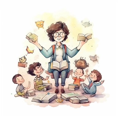 school teacher, watercolor, doodle, fable, child book, clip art, transparent background, 300 dpi, nursery illustration, minimalist, vector illustration, optimistic