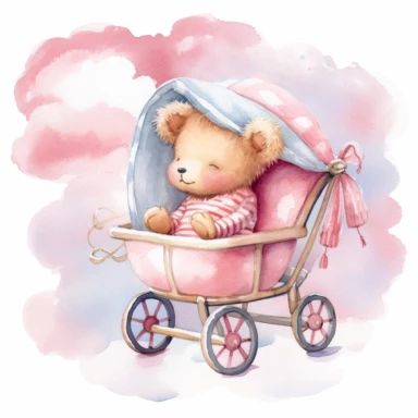 clipart, a whimsical illustration of a contented, loving and angelic baby teddy bear, wearing pajamas and pajamas hat, sleeping on a baby stroller, surrendered by pink fluffy clouds, Use a smooth and light watercolor technique to give the artwork a dreamy and ethereal quality