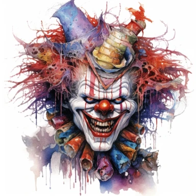 A sinister portrait of a deranged clown, its face painted with a twisted smile, its eyes filled with madness and malice, capturing the essence of a true nightmare. Clipart, watercolor, white background, intricate detail.