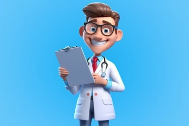 3d render. Cartoon doctor character holds clipboard. Clip art isolated on blue background. Professional consultation. Medical concept