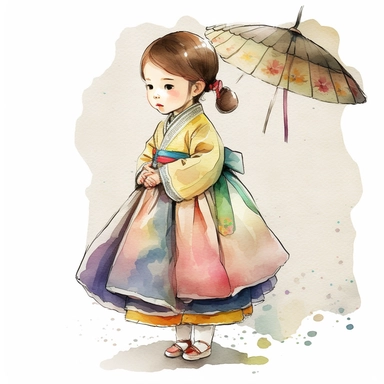 a cute little girl is wearing Korea traditional dress Hanbok. watercolor clipart, the skirt layers are designed to create a full and flowing silhouette, rainbow color jacket, The jacket worn by women in the royal family has long sleeves that are wide and 