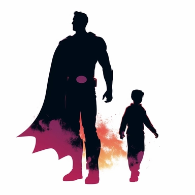 silhouette of a father as a comic superhero, retro pop art, clipart, white background