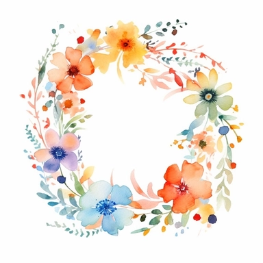 flower border in a circle pattern, one per page, watercolor clipart, minimalist, bright colors, isolated on a white background,