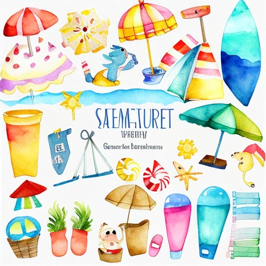 Please create a series of watercolor clipart illustrations featuring different items related to summer. Each illustration should be drawn in a charming and playful style that captures the beauty and vibrancy of the season. Items to include can be beach umbrellas, flip flops, sunglasses, ice cream cones, sandcastles, and seashells. Please use a coherent color palette that is bright, cheerful, and evokes the feeling of warmth and sunshine. Colors that are associated with summer, such as yellows, o