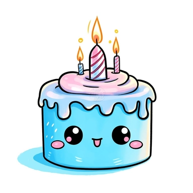 clipart kawaii birthday cake, blue with candle, watercolor, simple, white background, black outline