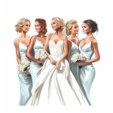 Bride and bridesmaids, high level of detail, vector clipart on white background