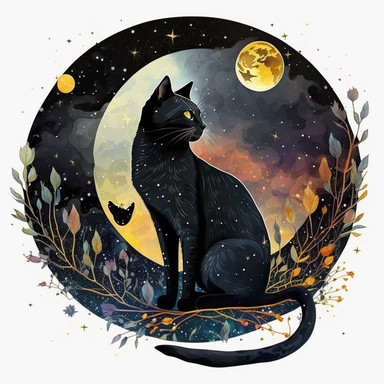 a sitting skinny pagan black cat in front of big starry sky portret, clipart, moon, watercolors, white background, stars, planets, galaxy, magical, ornaments, little golden stars, full body, pictorial space, sparky, glitter, use Cool Color Palette, circle of universe in the background, celestial symbols, roots, branches, flowers
