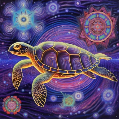 A oil painting of a turtle clipart with a surreal and fantastical design, floating in a starry sky with planets and comets. The turtle has a large body, a long neck, four wings, and a spiral tail. only four legs. Its shell is covered with intricate patterns and symbols in glowing colors. The background is a dark purple sky, creating a contrast with the turtle’s luminous appearance. The painting has a magical and mysterious style, with an imaginative use of elements and colors. The perspective is
