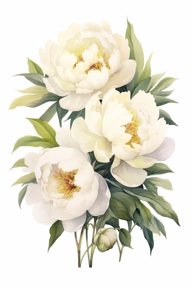 A highly detailed clipart drawing of a cluster of unbloomed white or cream peonies, created with a combination of watercolor and color pencils. The drawing captures the intricate details of the peony buds, showcasing their elegant forms and delicate textures. The cluster of peonies is positioned on a white background, which can be easily removed to create a transparent image for making wedding invitations. The focus is on the beauty and anticipation of the peony buds, making it a perfect choice 