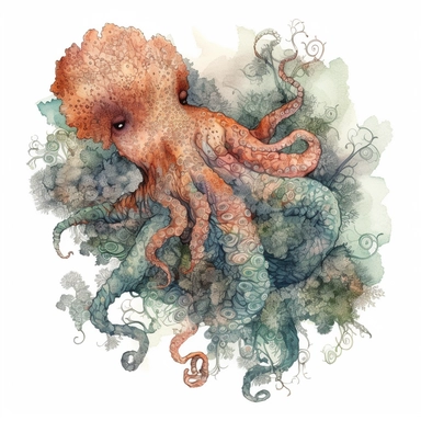 coral illustration of a double exposure octopus & great barrier reef drawn with coral, clipart