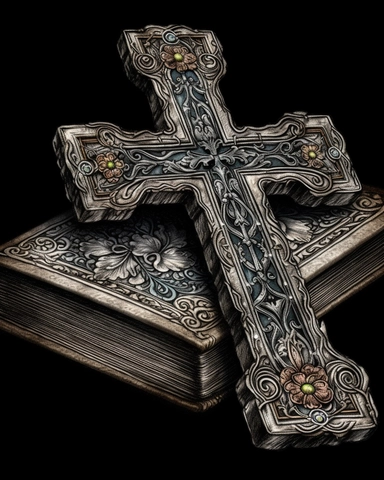 realistic colorized, intricate detailed sketch black white clip Art line art with shading of a metal Christian cross, flower and old Bible, mysterious dark background, cut and paste style, hd, 48k,
