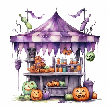 vector watercolor cute vintage tiny Halloween stand with Halloween style decor clipart on white background, green-and-purple color scheme, fall, tiny Halloween stand, photorealistic, ultrarealistic, no background, on white